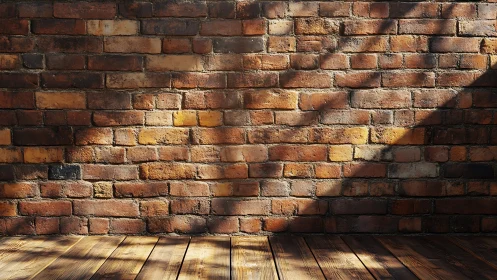 Sunlit red brick wall and wooden floor interior background.