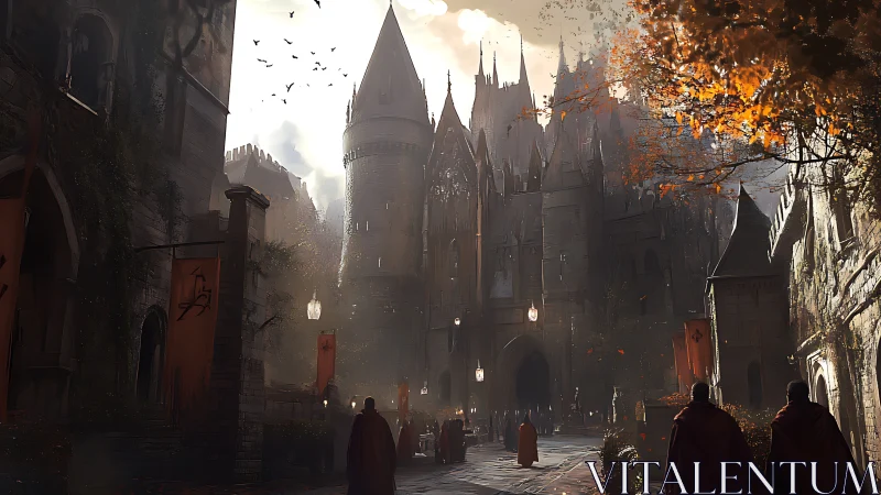 Gothic fortress courtyard renders cinematic autumn procession