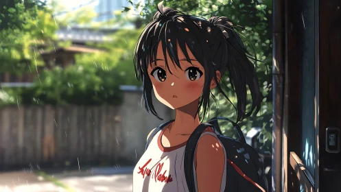 Teen girl pauses in soft summer rain outside wooden doorway