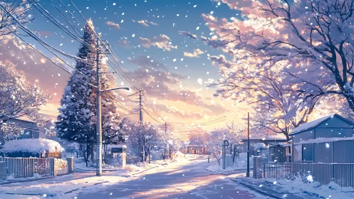 Snowy suburban street under pastel winter sunset sky.