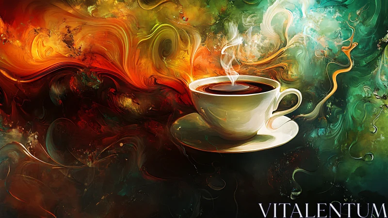 Steaming coffee cup anchors swirling abstract color field.