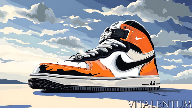 Illustrated orange Nike sneaker under stylized sky.