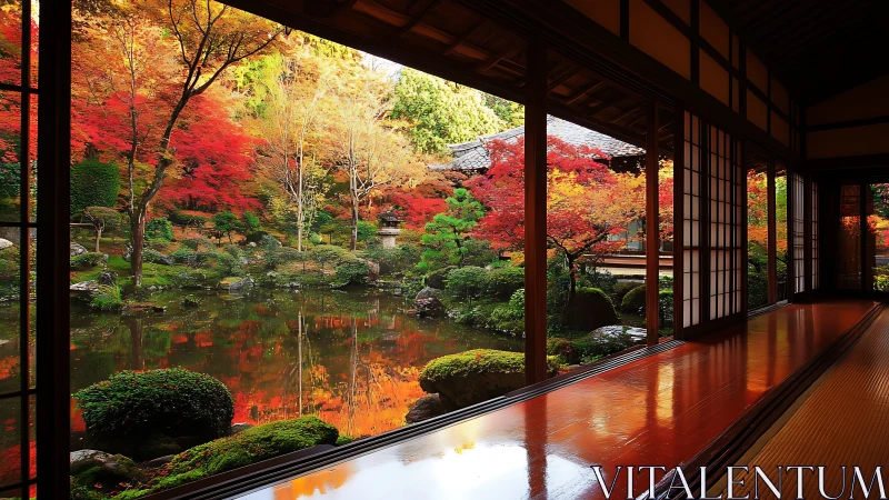 Traditional tatami room overlooking autumn garden pond scene.
