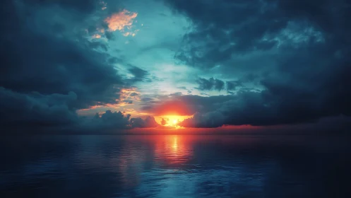 Intense ocean sunset under heavy dramatic storm clouds.