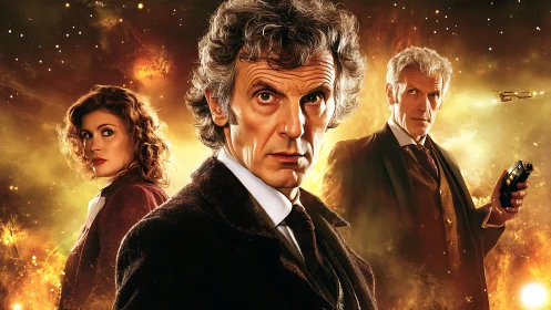 Triadic character portrait set against incendiary nebular backdrop