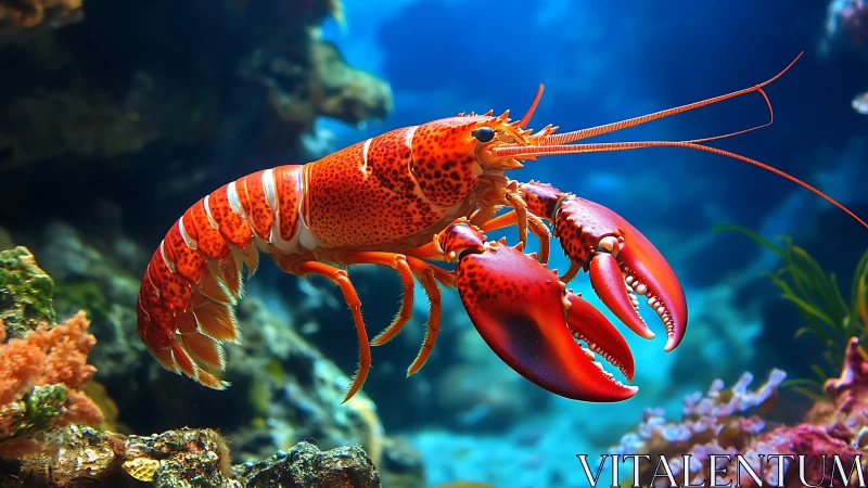 Bright red lobster glides confidently through a coral reef world
