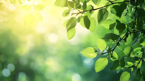 Sunlit Green Leaves in Nature, Soft Focus Botanical Background.