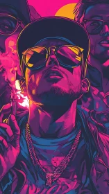 Neon-lit rapper portrait under bold magenta sunset glow.