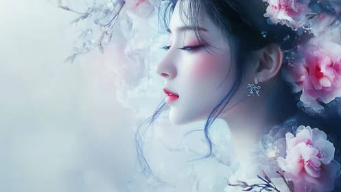 Dreamlike floral portrait of a serene woman in profile.