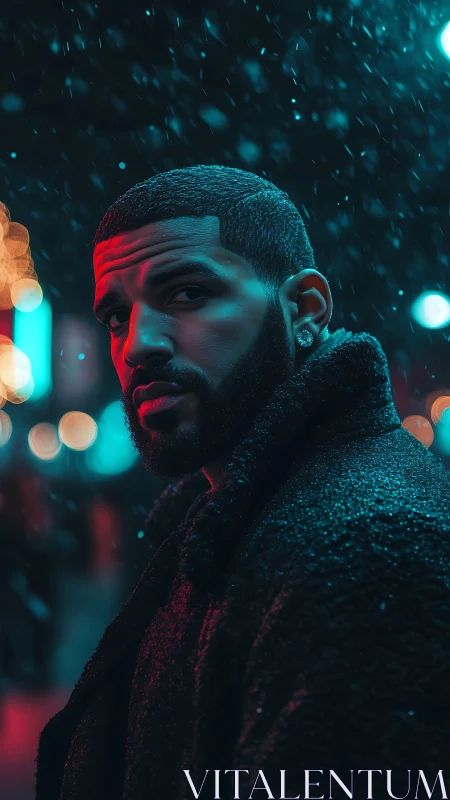Moody urban portrait under neon lights and falling snow.