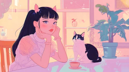 Cat-eared girl daydreams beside cat in pastel kitchen.