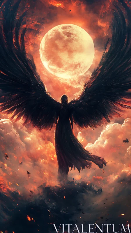 Dark winged angel ascends before a blazing celestial moon