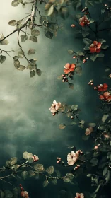 Botanical Study with Coral Flowers on Teal.