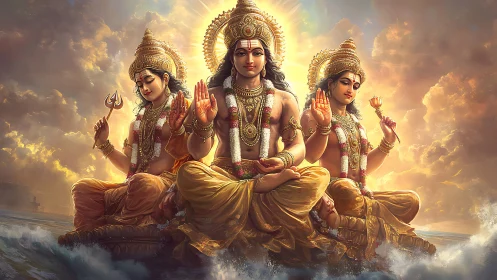 Hindu trinity seated on ocean waves amid radiant clouds.