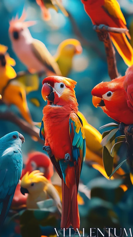 Tropical gossip choir of neon parrots in sunlit jungle.