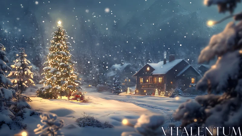 Snowy Christmas cabin glows warmly beneath a starlit sky