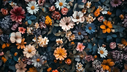 Overhead arrangement of diverse flowering plants against dark background