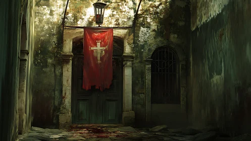 Decayed stone portal framed by torn red crusader banner