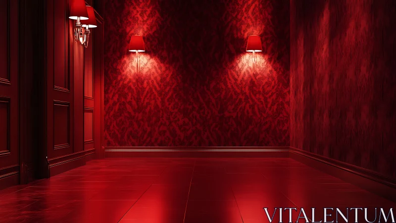 Crimson hallway interior glows under twin wall sconces.