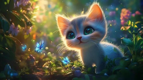 Enchanted White Kitten Among Butterflies in Magical Garden.