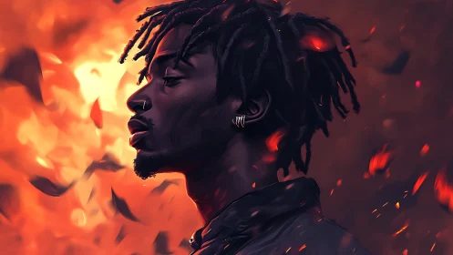 Profile portrait stands against blazing orange ember storm