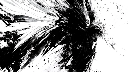 Monochrome kinetic burst around solitary anime combatant.