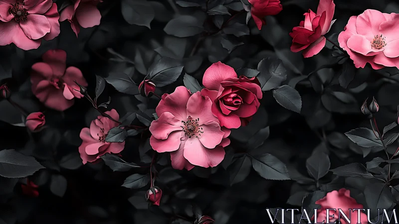 Pink and Crimson Roses Against Deep Black Foliage Background.