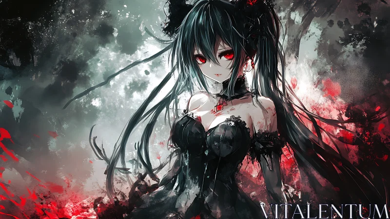 Crimson-eyed gothic heroine in swirling storm of color.