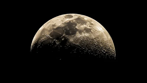 Lunar terminator reveals cratered surface in golden light.