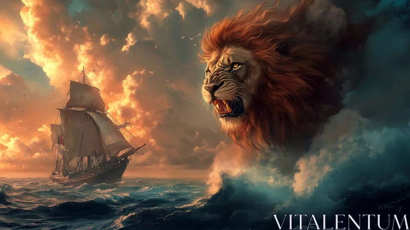 Storm-tossed ship confronts colossal roaring lion of clouds