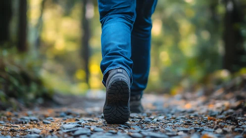 Hiking Boot on Forest Trail Path.