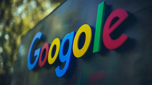 Colorful tech logo with playful twist on a glass wall.