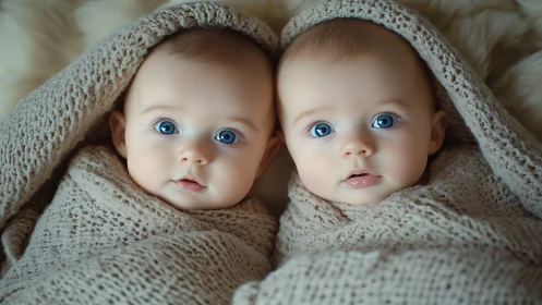 Twin Neonates Swaddled in Cream Knit Textile Matrix.