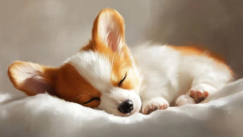 Sleeping corgi puppy on soft white bedding, warm light.