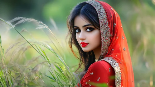 Scarlet gaze in wild meadow light, wrapped in jeweled grace.