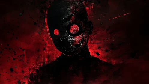 Masked silhouette dissolves into red abstract static