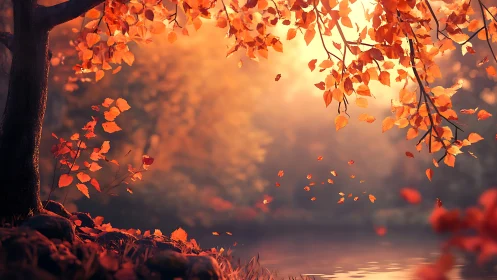 Autumn forest tree over tranquil lake in warm sunset glow.