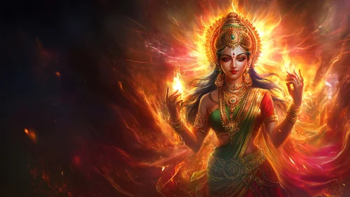 Flaming goddess strides through molten cosmos with serene grace