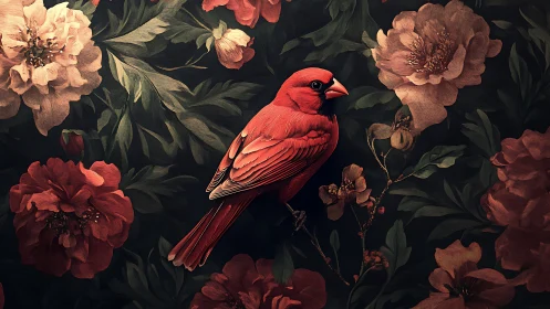 Crimson cardinal perched amid dark peony blossoms.