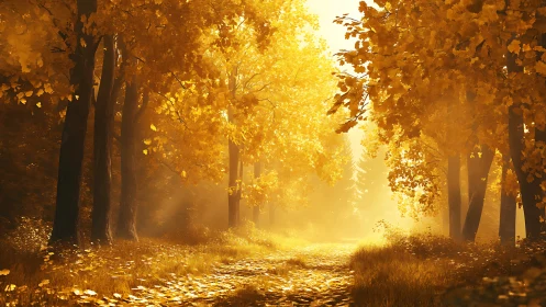 Backlit deciduous forest path under dense golden foliage glow