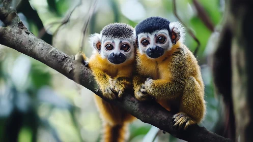 Pair of squirrel monkeys sitting closely on jungle branch.