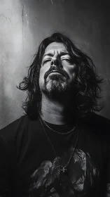 Moody monochrome portrait captures introspective rock style.