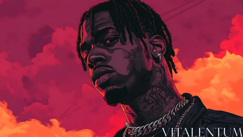 Cel-shaded portrait with high-contrast gradients and neon sky lighting