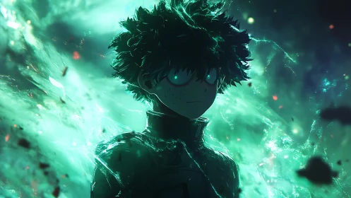 Anime boy stands in glowing green energy storm field