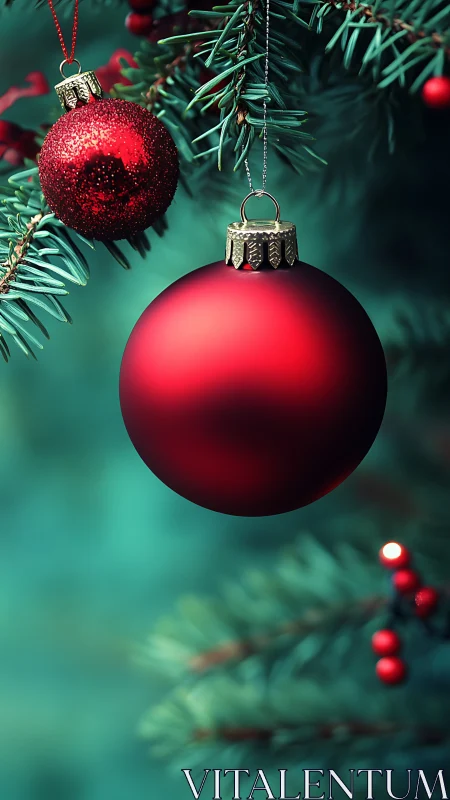 Red baubles on evergreen branch with blurred teal background.