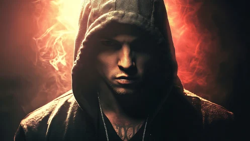 Brooding hooded figure amid fiery cinematic backlight.