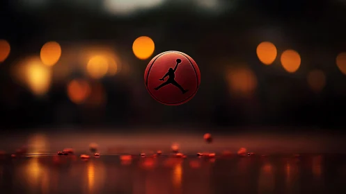 Red basketball suspended over court with blurred lights.