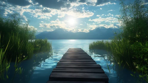 Sunlit lakeboard path into hush-blue mountain stillness.