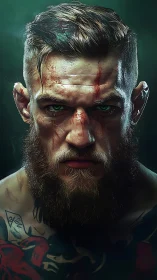 Digital portrait of bruised bearded fighter with tattoos.