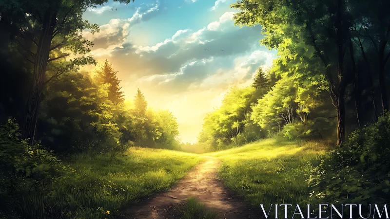Sunlit Forest Path in Vibrant Digital Art Landscape Style.